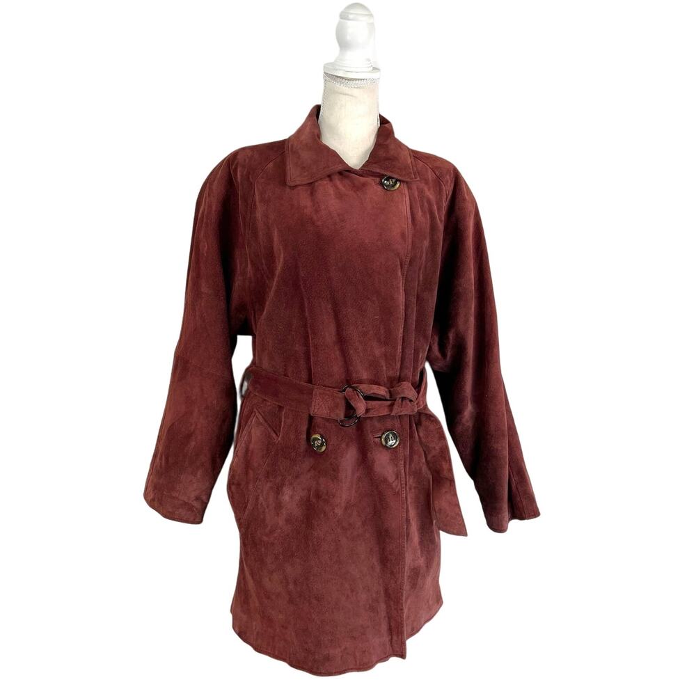 Vintage Henri Bendel Suede Coat Red Leather Belted Double Breasted Cherry